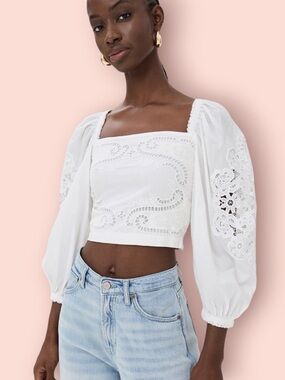 FARM RIO White Lace Poplin Blouse